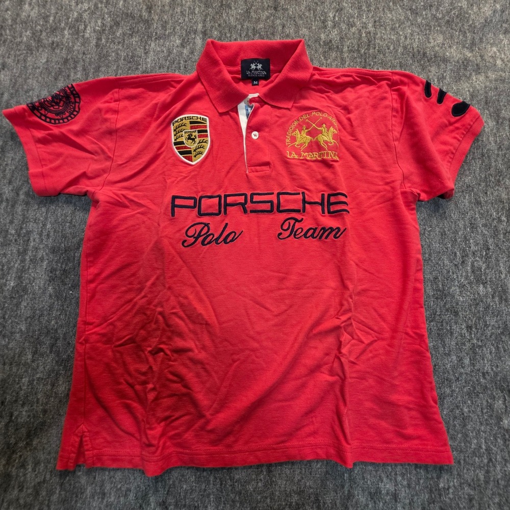 La Martina Porsche Polo Team Shirt Red Embroidered Crest Mens Medium